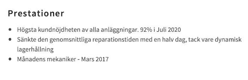 Prestationer i en separat sektion på Cv:t Prestationer i en separat sektion på Cv:t